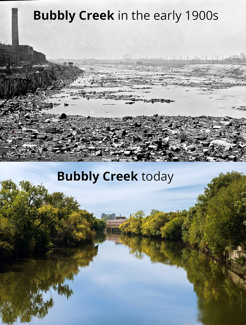 Two photos of Bubbly Creek. One from the early 1900s and another of how it looks today.